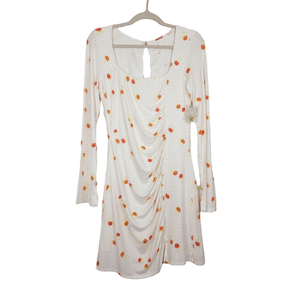 Free People Dress Celia Floral Long Sleeve Mini Ivory Combo L NWT - Picture 2 of 7